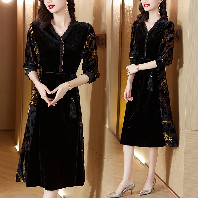 Autumn Winter Black Velvet Embroidery Chic Midi Dress