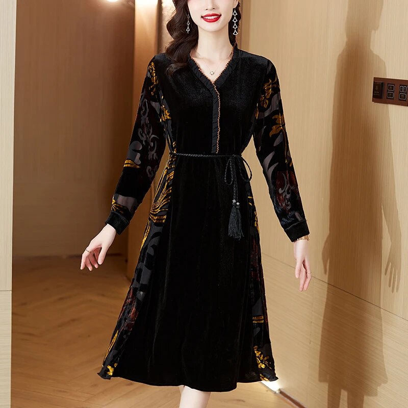 Autumn Winter Black Velvet Embroidery Chic Midi Dress