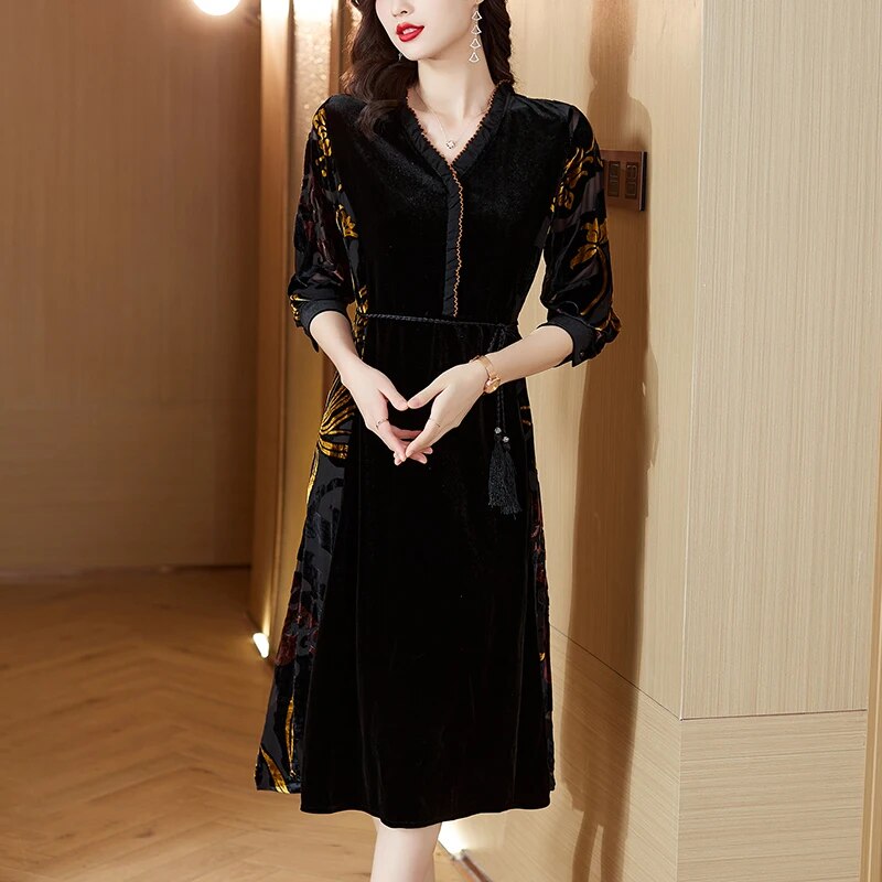 Autumn Winter Black Velvet Embroidery Chic Midi Dress