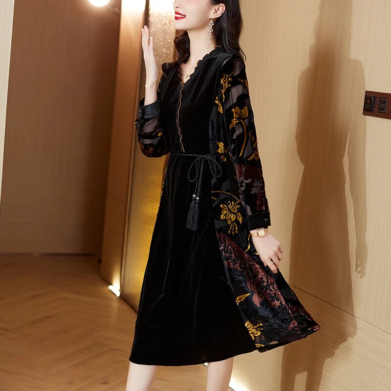 Autumn Winter Black Velvet Embroidery Chic Midi Dress