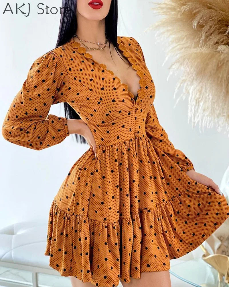 Lantern Sleeve Plunge Polka Dot Print Floral Ruffles Dress
