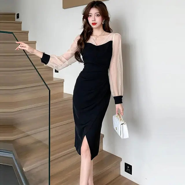 2024 Spring Korean Style V-neck Beading Patchwork Color Pencil Dress