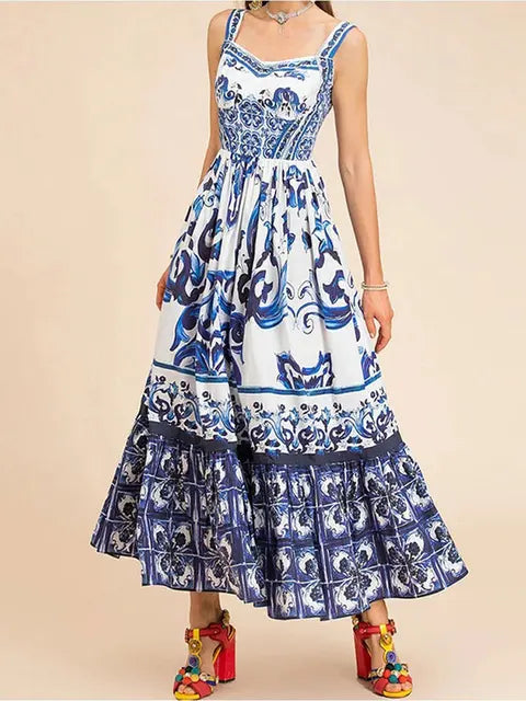 Sexy Printed Fashion V-neck Backless High Waist Large Swing Dress