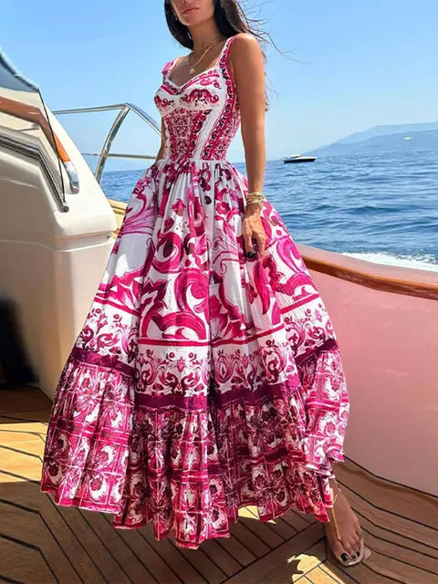 Sexy Printed Fashion V-neck Backless High Waist Large Swing Dress