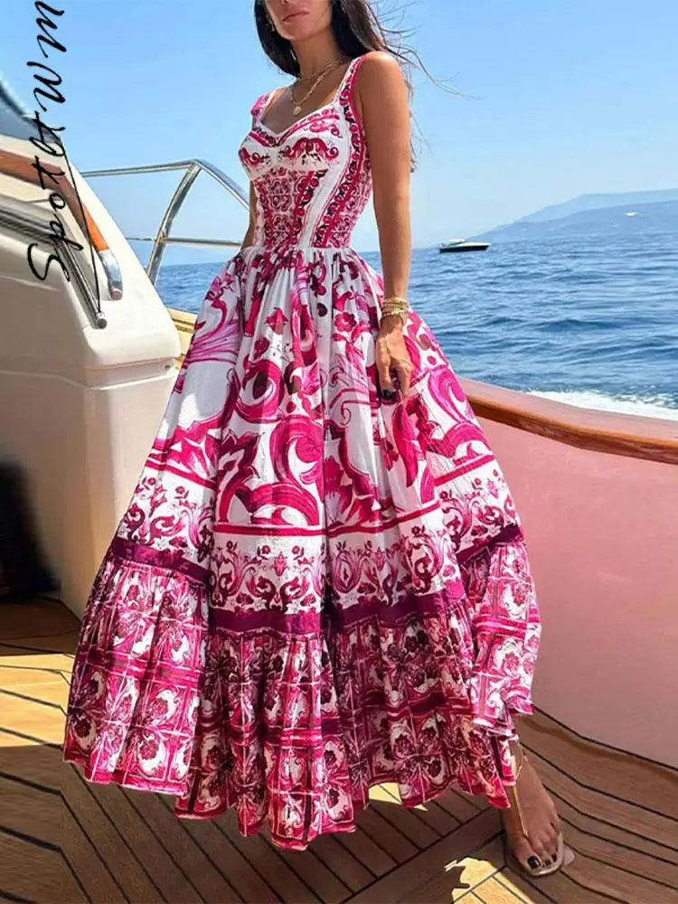 Sexy Printed Fashion V-neck Backless High Waist Large Swing Dress