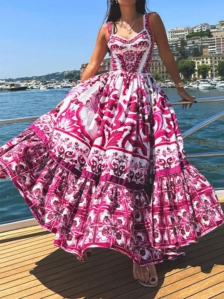 Sexy Printed Fashion V-neck Backless High Waist Large Swing Dress