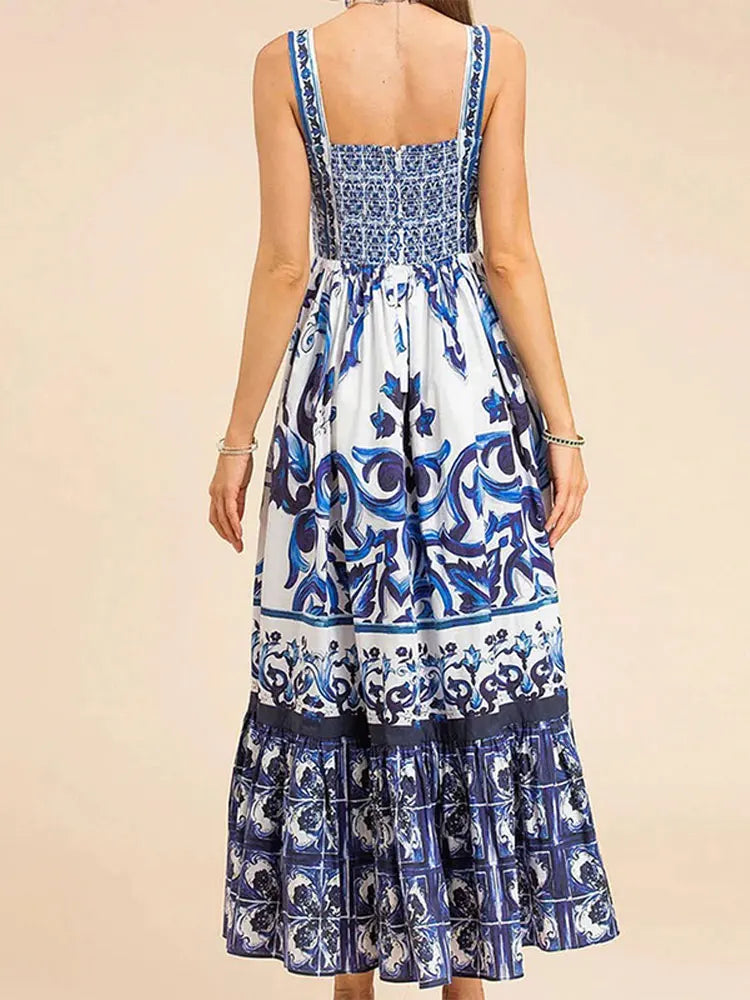 Sexy Printed Fashion V-neck Backless High Waist Large Swing Dress