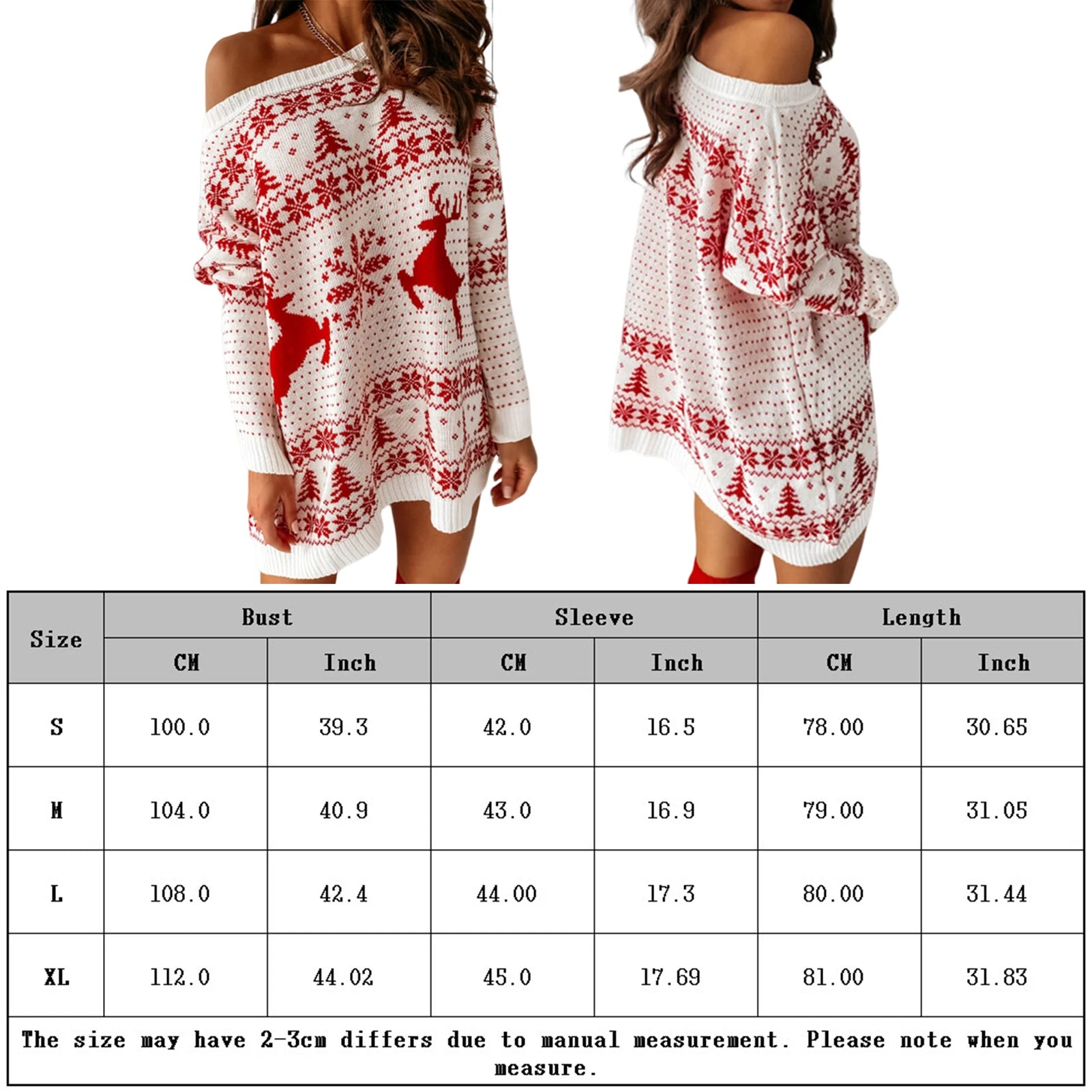 Loose Fit Christmas Knitted Top Long Sleeve Slash Neck Casual Winter Dress
