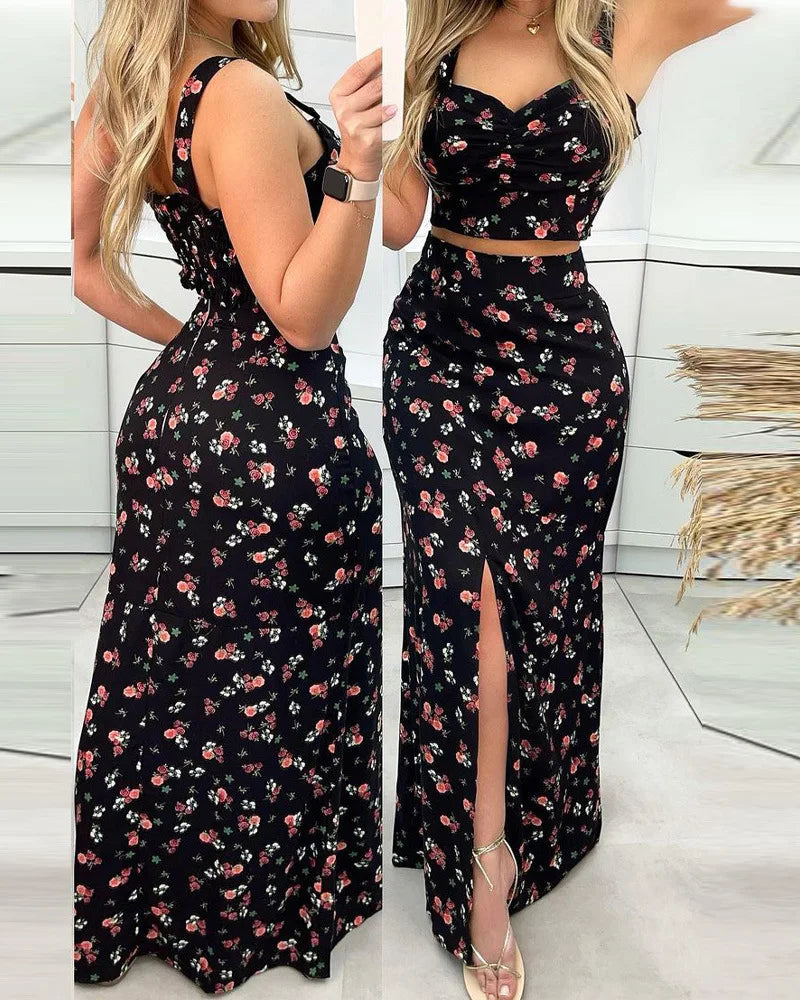 Summer Floral Printed Split High Waist Casual Boho Beach Two Piece  Crop Top+Maxi Long Skirt