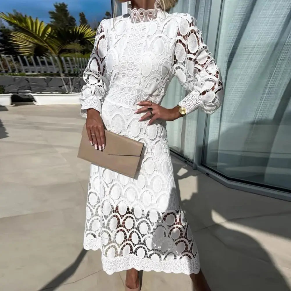 Hollow Lace Stand-up Collar Puff Sleeves Tight Waist See-through Double Layer Solid Color Dress