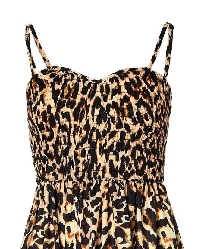 2023 Spring Fashion Leopard Print Shirred Casual V-Neck Sleeveless Cami Maxi A Line Dresss