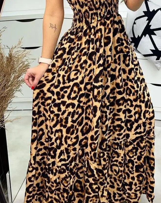 2023 Spring Fashion Leopard Print Shirred Casual V-Neck Sleeveless Cami Maxi A Line Dresss