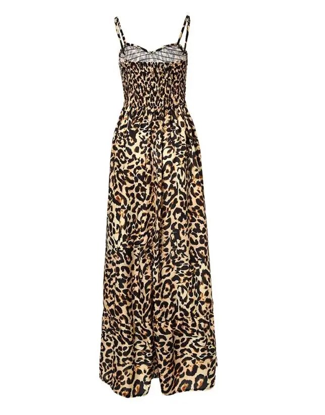 2023 Spring Fashion Leopard Print Shirred Casual V-Neck Sleeveless Cami Maxi A Line Dresss