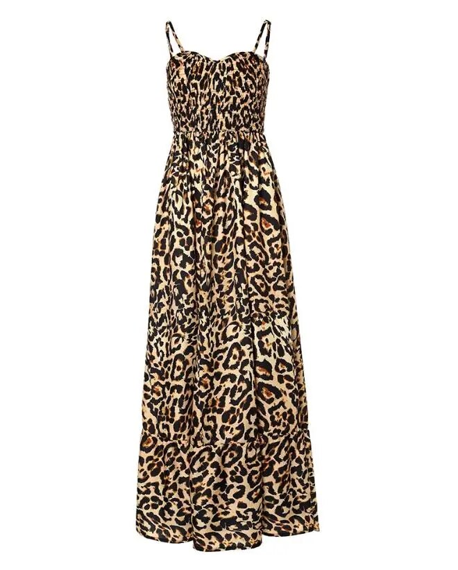 2023 Spring Fashion Leopard Print Shirred Casual V-Neck Sleeveless Cami Maxi A Line Dresss