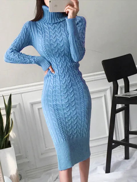 Knitted Turtleneck Long Sleeve Slim Mid-length Over-the-knee Dress In