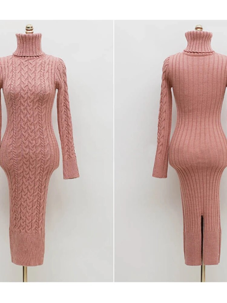Knitted Turtleneck Long Sleeve Slim Mid-length Over-the-knee Dress In