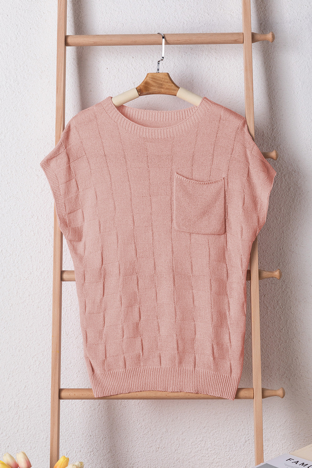 Dusty Pink Lattice Textured Knit Short Sleeve Baggy Sweater