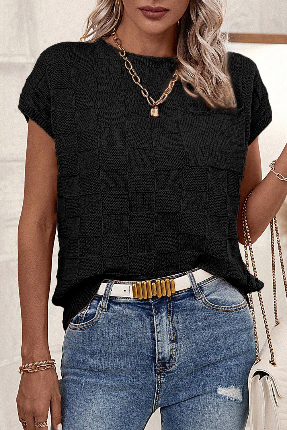 Dusty Pink Lattice Textured Knit Short Sleeve Baggy Sweater