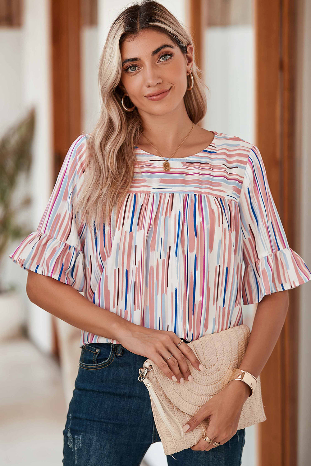 White Colorblock Striped Ruffle Half Sleeve Blouse