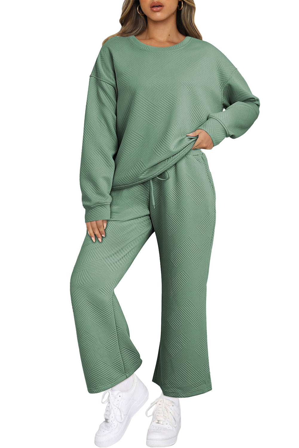 Black Textured Loose Slouchy Long Sleeve Top and Pants Set
