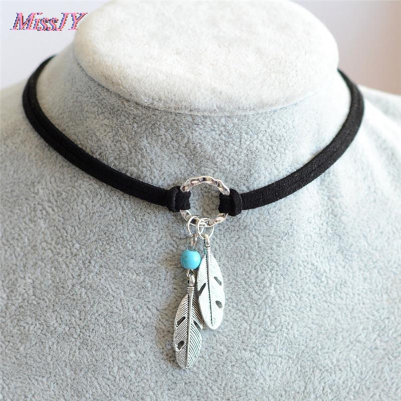 Black Brown Leather  Feather Shape Charm Choker Necklace