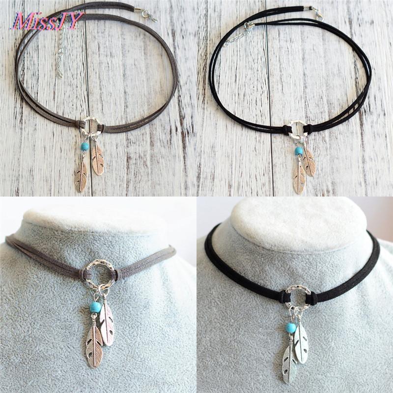 Black Brown Leather  Feather Shape Charm Choker Necklace
