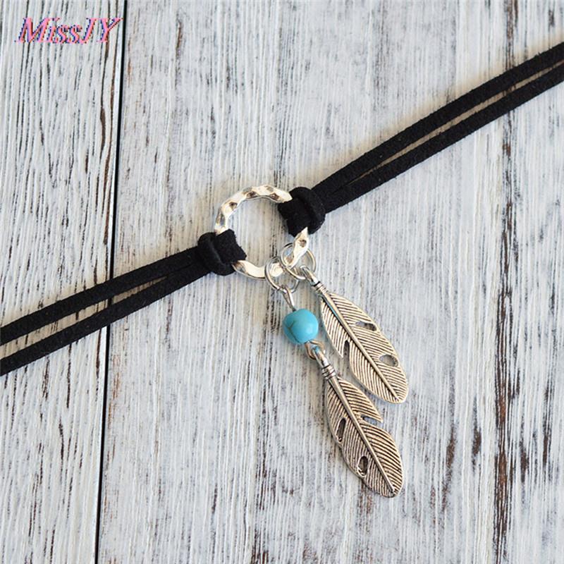 Black Brown Leather  Feather Shape Charm Choker Necklace