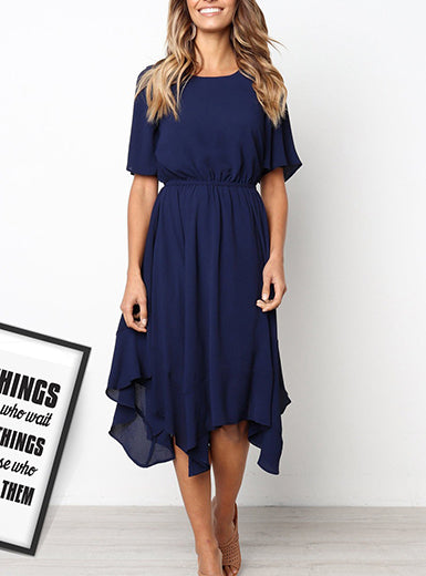 Casual Short Sleeved Dress - Handkerchief Hemline