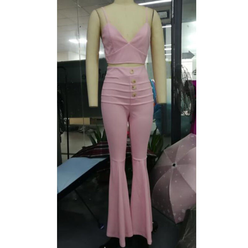Pink Office Style Spaghetti Strap V-Neck Cami Top & Buttoned Bell-Bottom Pants Set