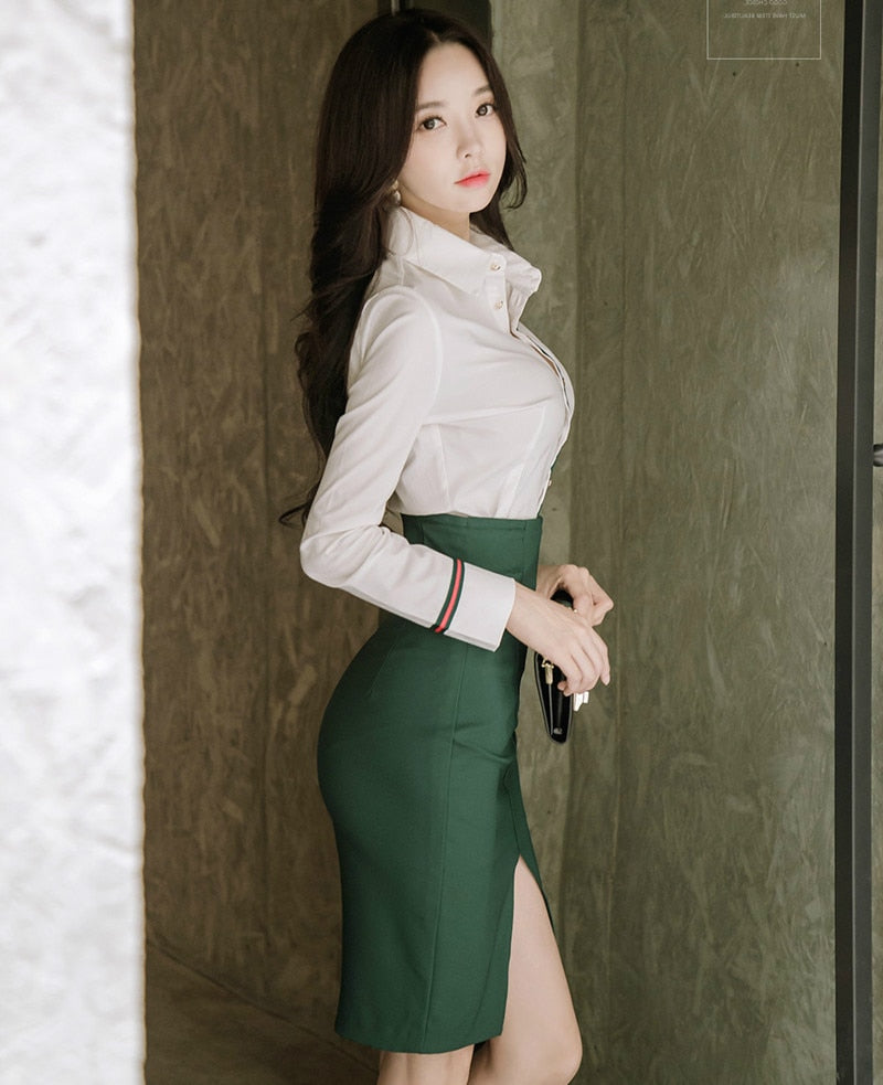 White  Blouse and Green Pencil Skirts