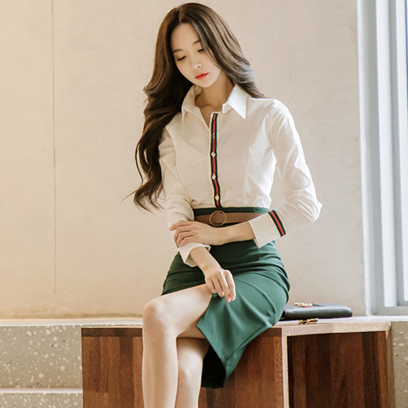 White  Blouse and Green Pencil Skirts