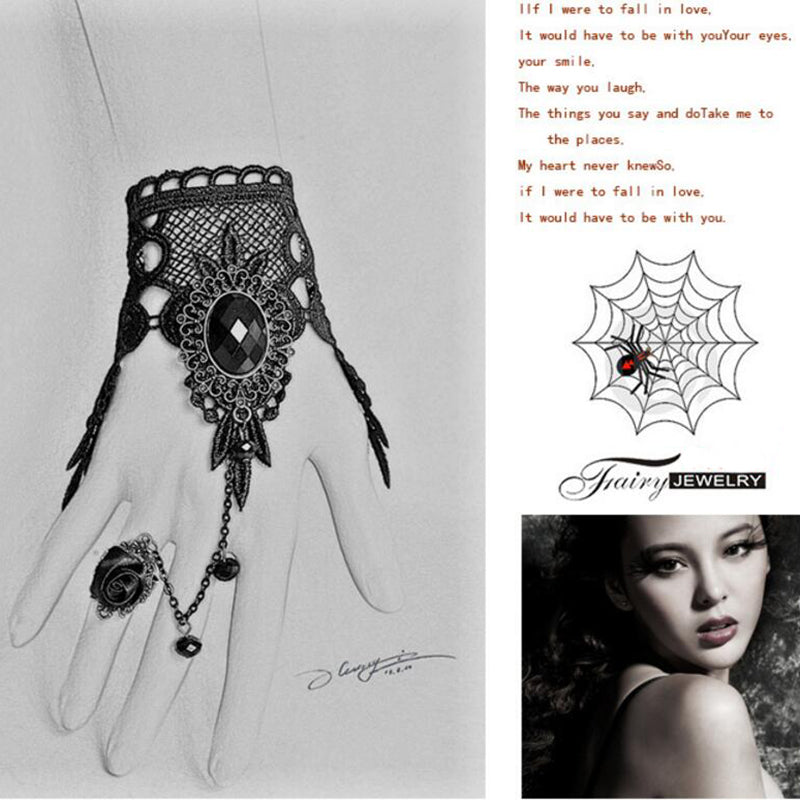 Handmade Black Rhinestone Drop Black Lace Arm Bracelet
