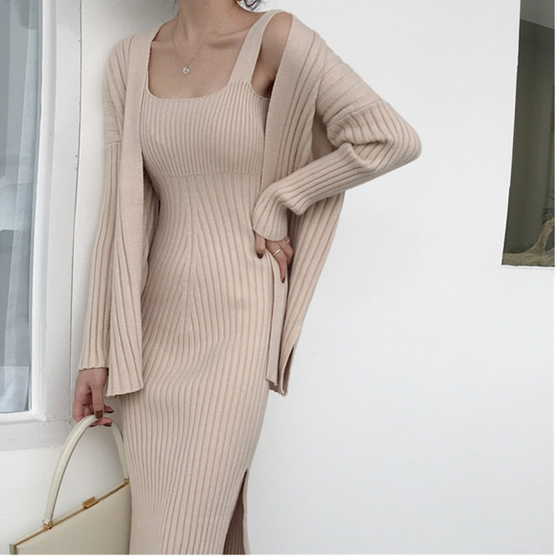 Casual Long Sleeved Cardigan + Suspenders Sweater Vest Dress