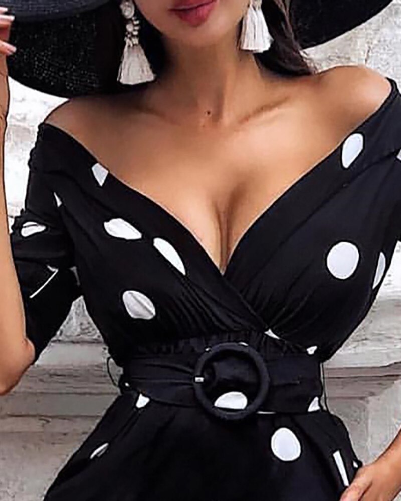 Polka Dot Print O-Ring Belted Dress