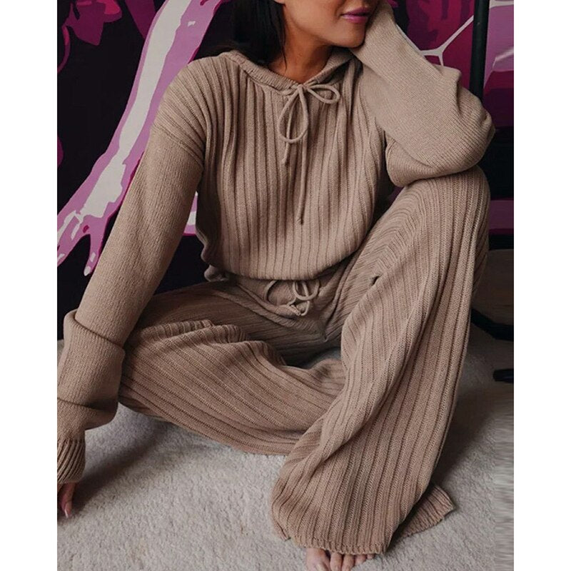 Long Sleeve Hooded Tops High Waist Wide Leg Pants Sets Casual Lounge Wear