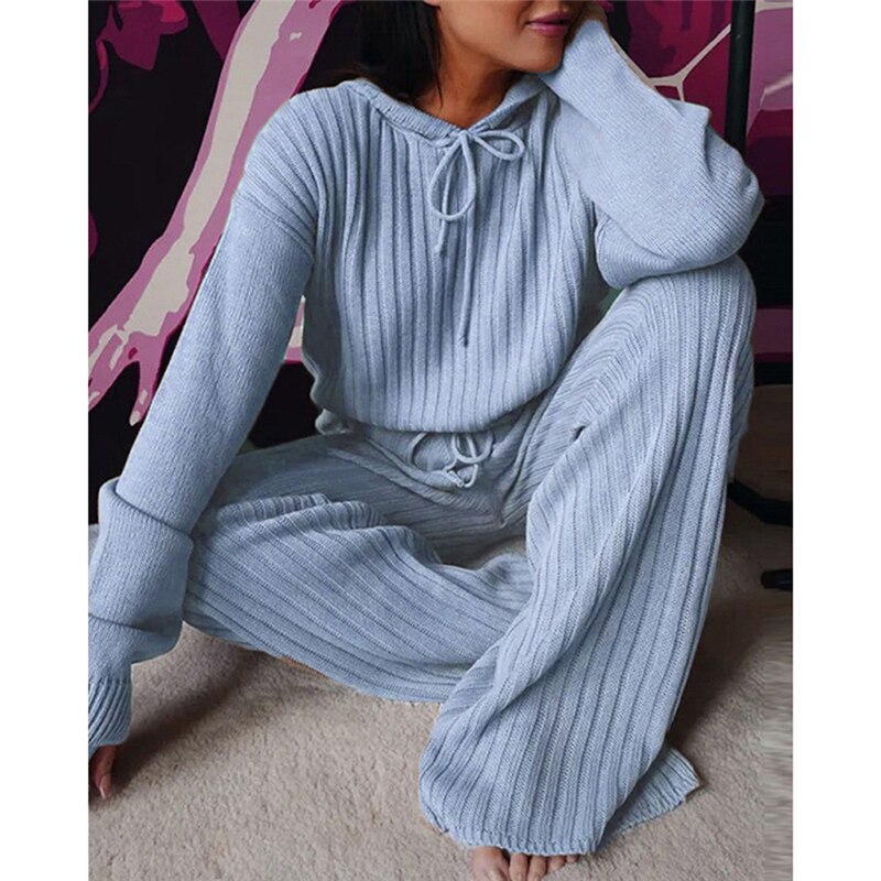 Long Sleeve Hooded Tops High Waist Wide Leg Pants Sets Casual Lounge Wear