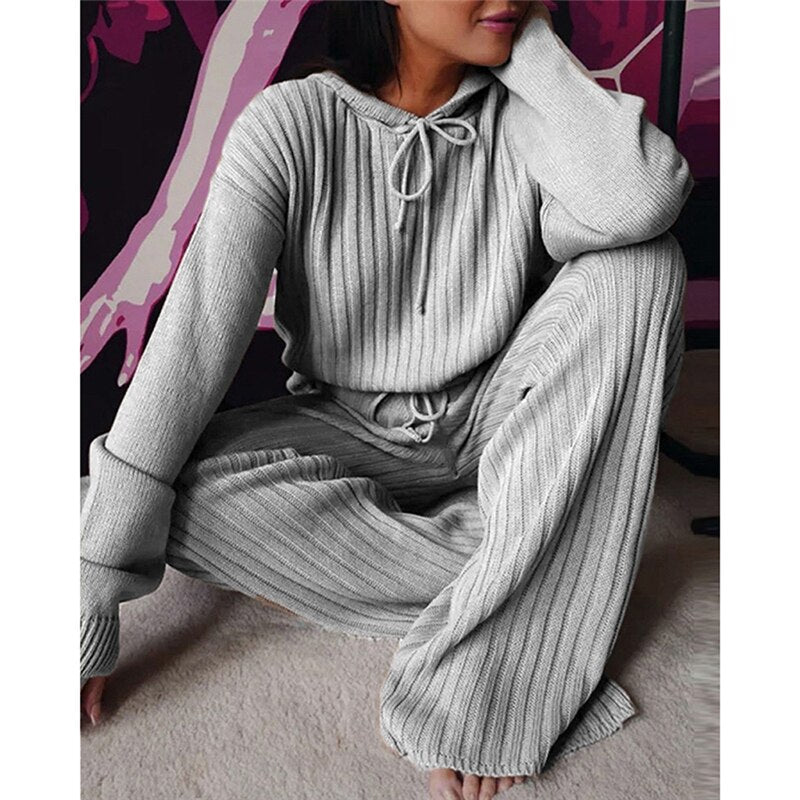 Long Sleeve Hooded Tops High Waist Wide Leg Pants Sets Casual Lounge Wear