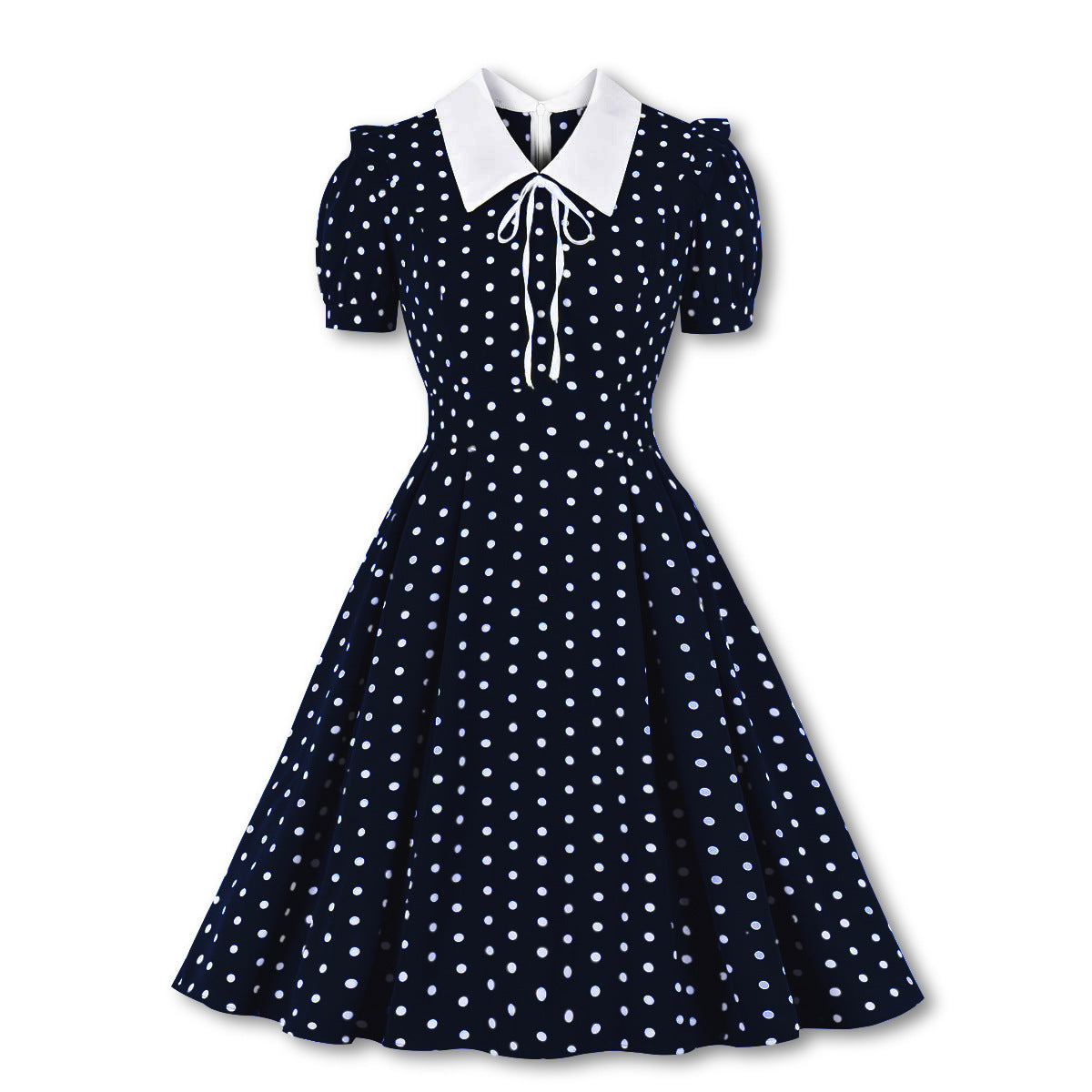Vintage Retro 50s 60s Polka Dots Printed Short Sleeve Turn Down Collar Rockabilly A Line Dress