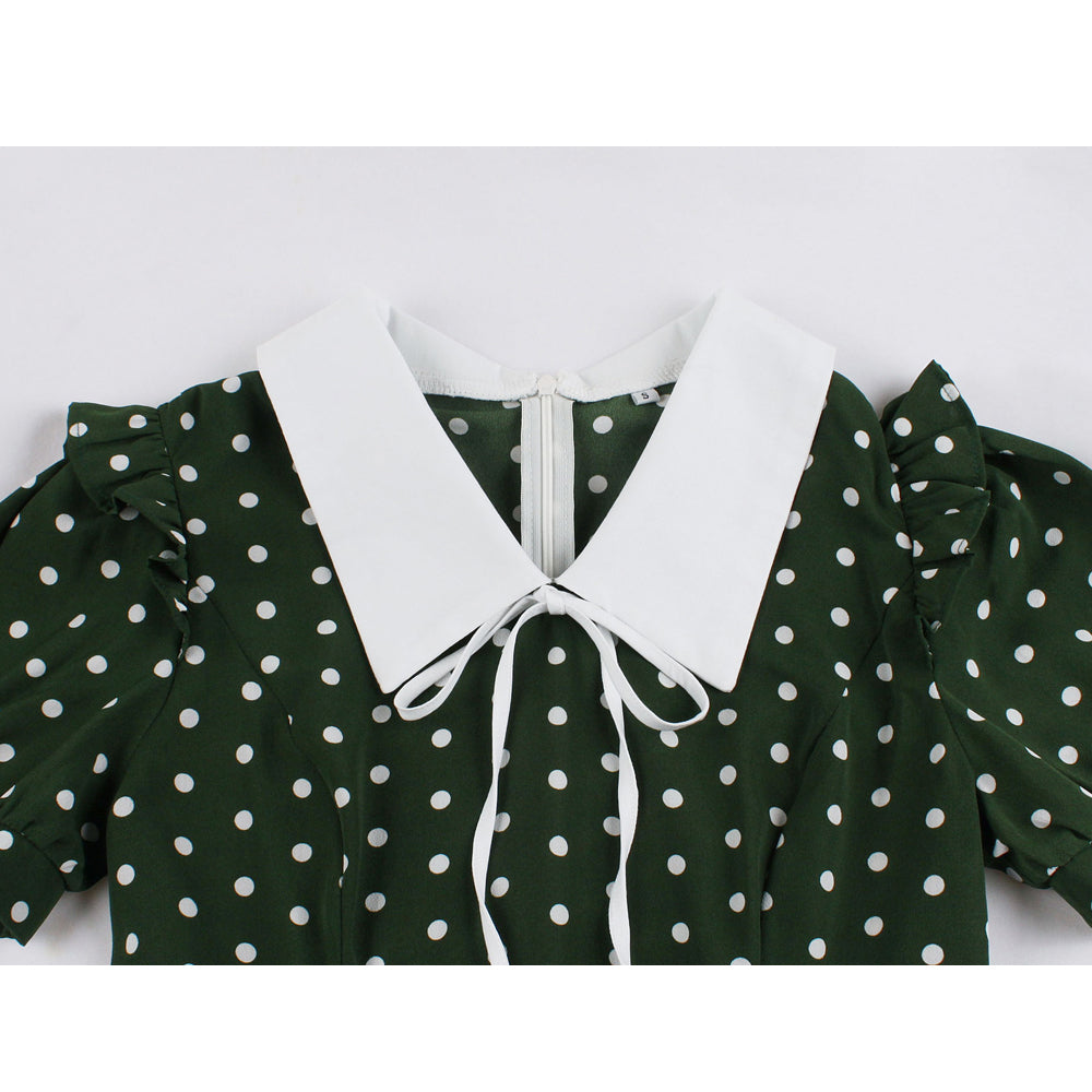 Vintage Retro 50s 60s Polka Dots Printed Short Sleeve Turn Down Collar Rockabilly A Line Dress