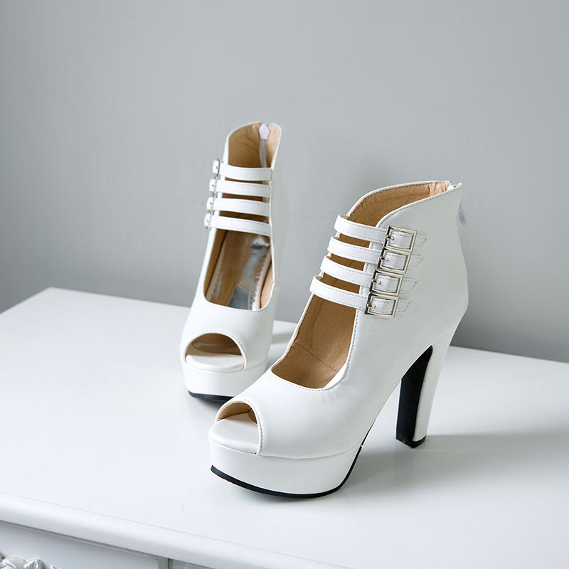 High Quality PU Leather Buckle Strap Zip Stiletto Heels