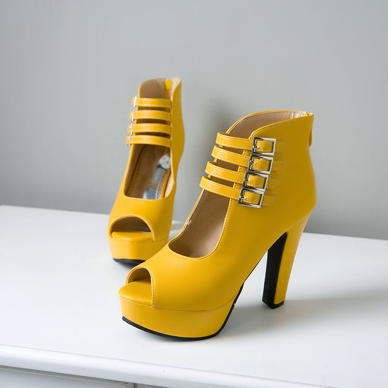 High Quality PU Leather Buckle Strap Zip Stiletto Heels