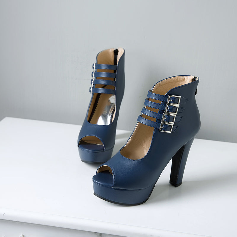 High Quality PU Leather Buckle Strap Zip Stiletto Heels