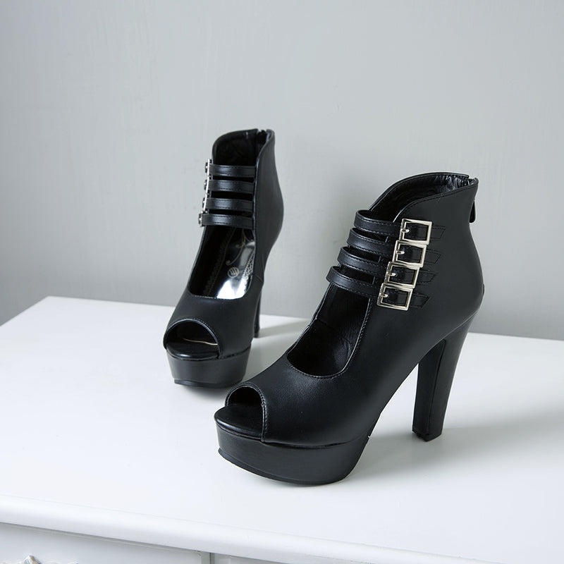 High Quality PU Leather Buckle Strap Zip Stiletto Heels