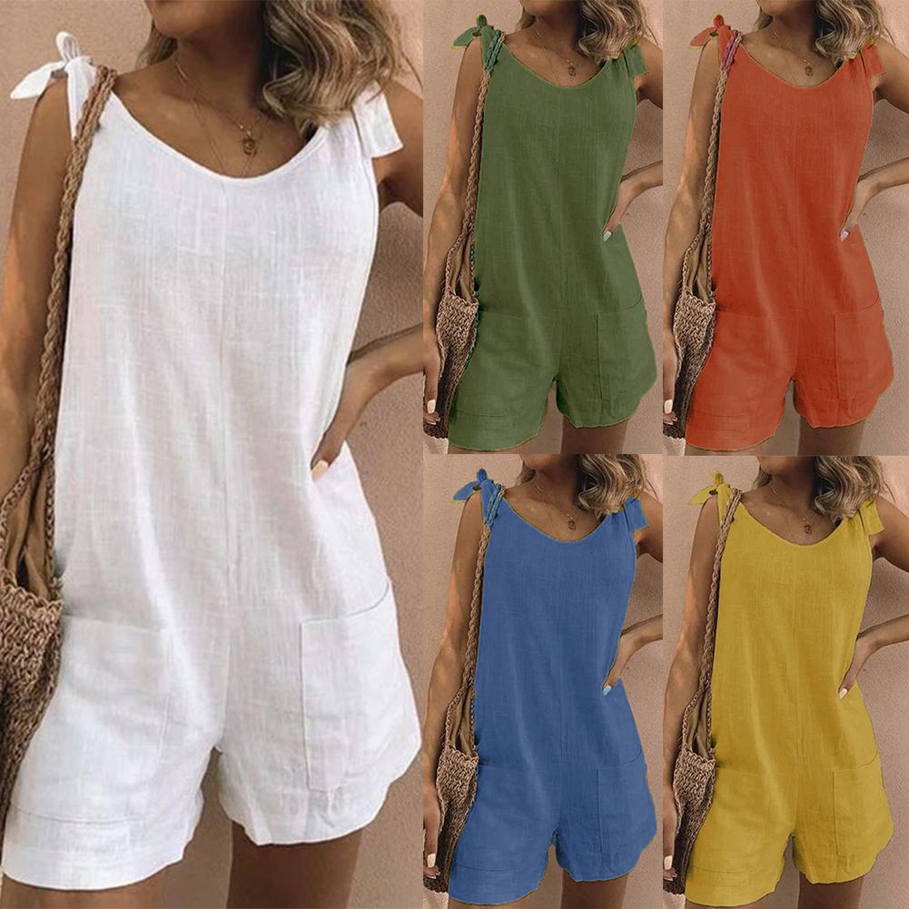 Solid Color Sleeveless Adjustable Straps Pockets Loose Rompers