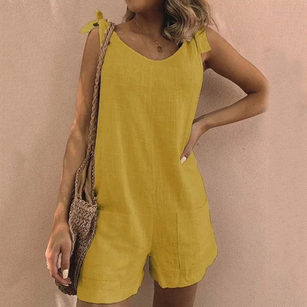 Solid Color Sleeveless Adjustable Straps Pockets Loose Rompers