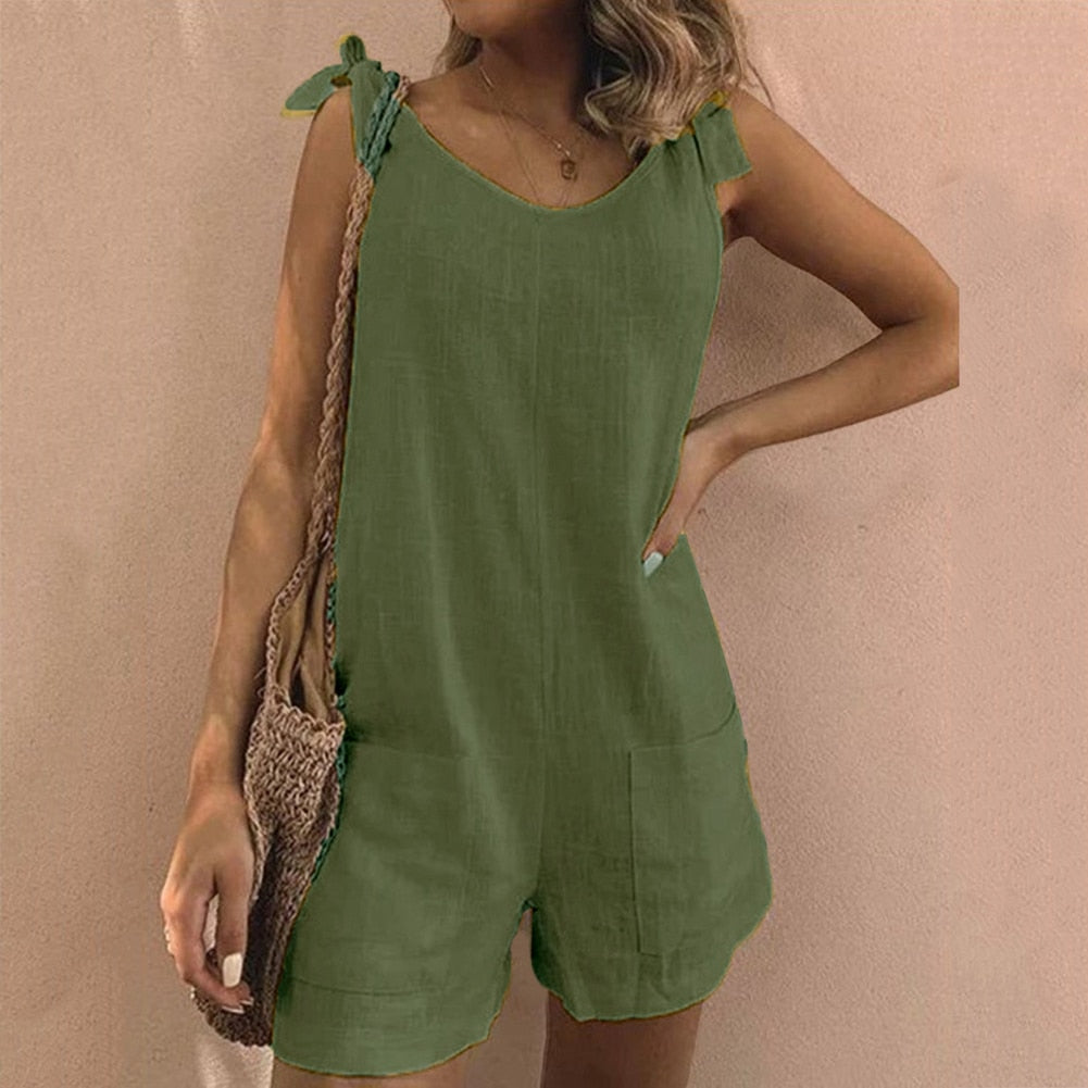 Solid Color Sleeveless Adjustable Straps Pockets Loose Rompers