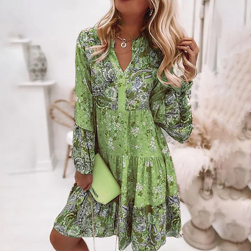 Autumn  Ruffles Casual V Neck Long Sleeve Floral Print Dress