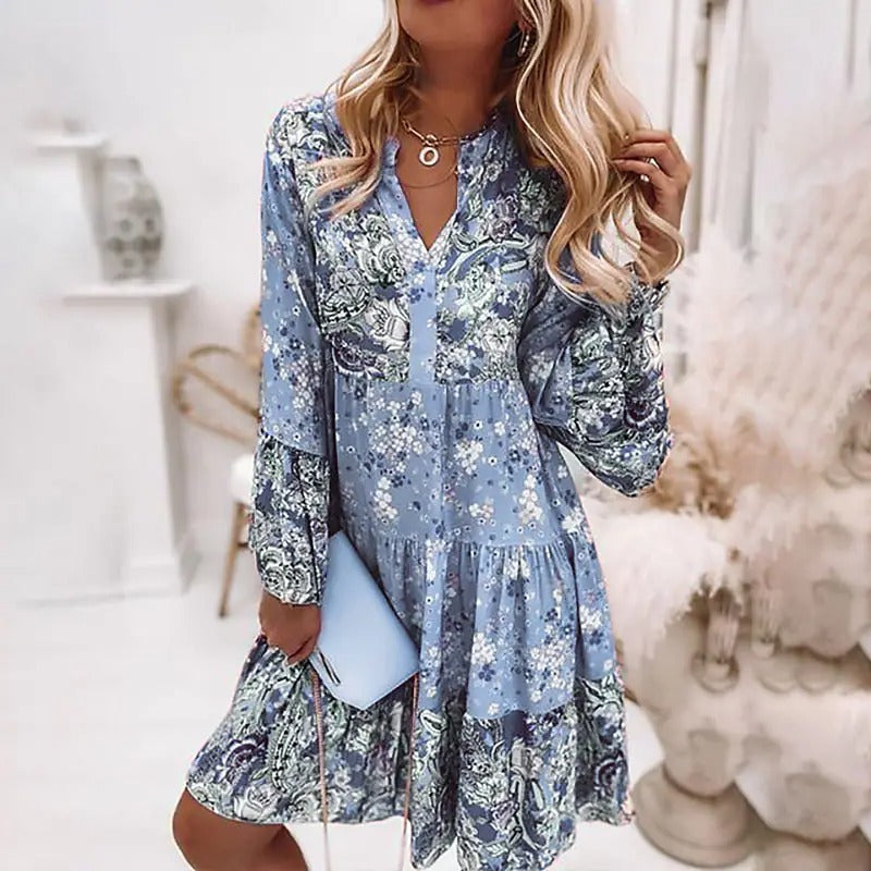 Autumn  Ruffles Casual V Neck Long Sleeve Floral Print Dress