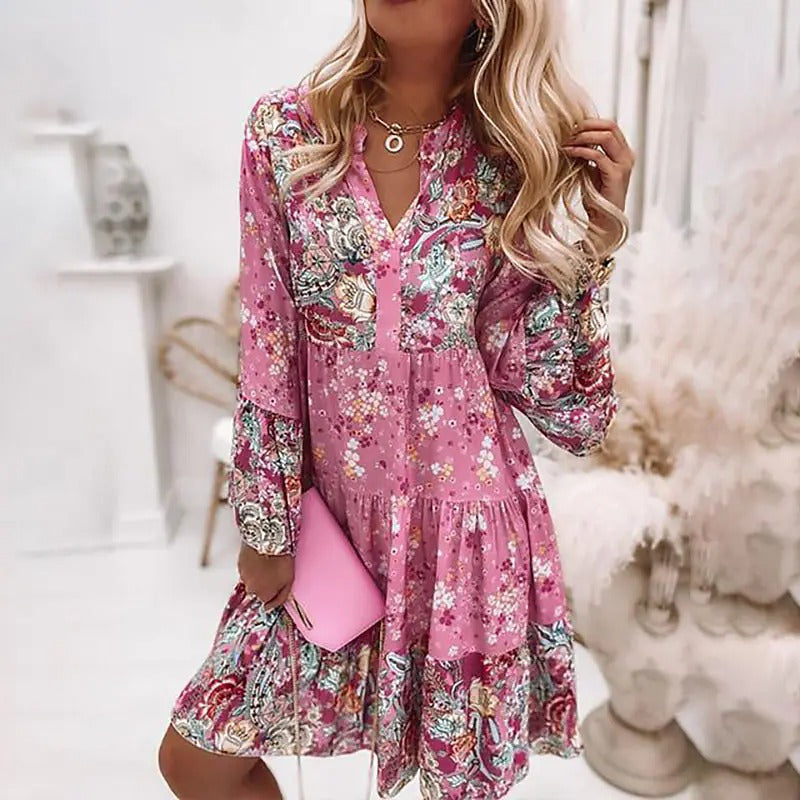 Autumn  Ruffles Casual V Neck Long Sleeve Floral Print Dress