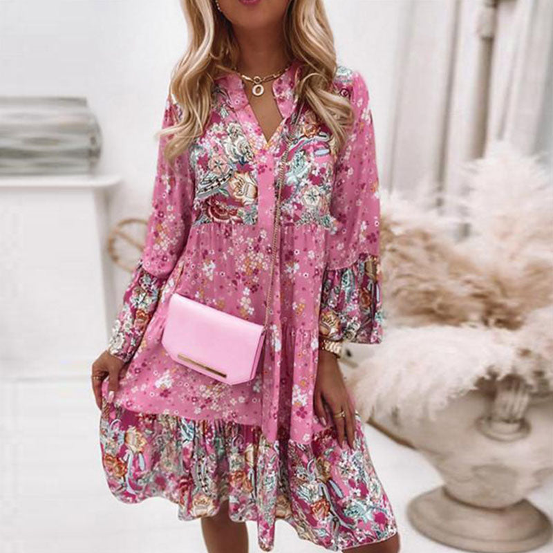 Autumn  Ruffles Casual V Neck Long Sleeve Floral Print Dress